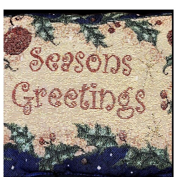 Vintage Needlepoint Christmas Decorative Throw Pillow Season’s Greeting - Picture 2 of 5
